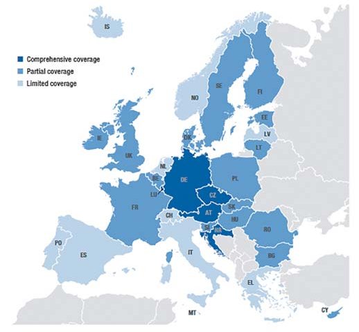 Карта категорій страхування стоматологічної допомоги в Європі.